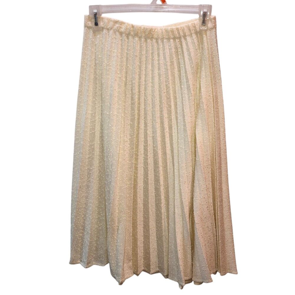 Vintage 80s Union Made Womens 12 Ivory Rayon Blend Accordion Pleated Midi Skirt